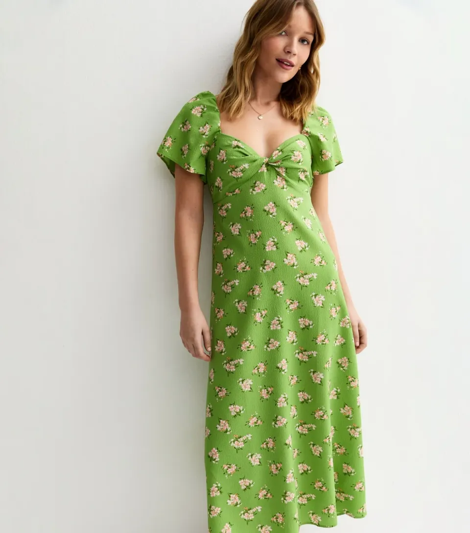 Women's Green Floral Sweetheart Neck Midi Dress