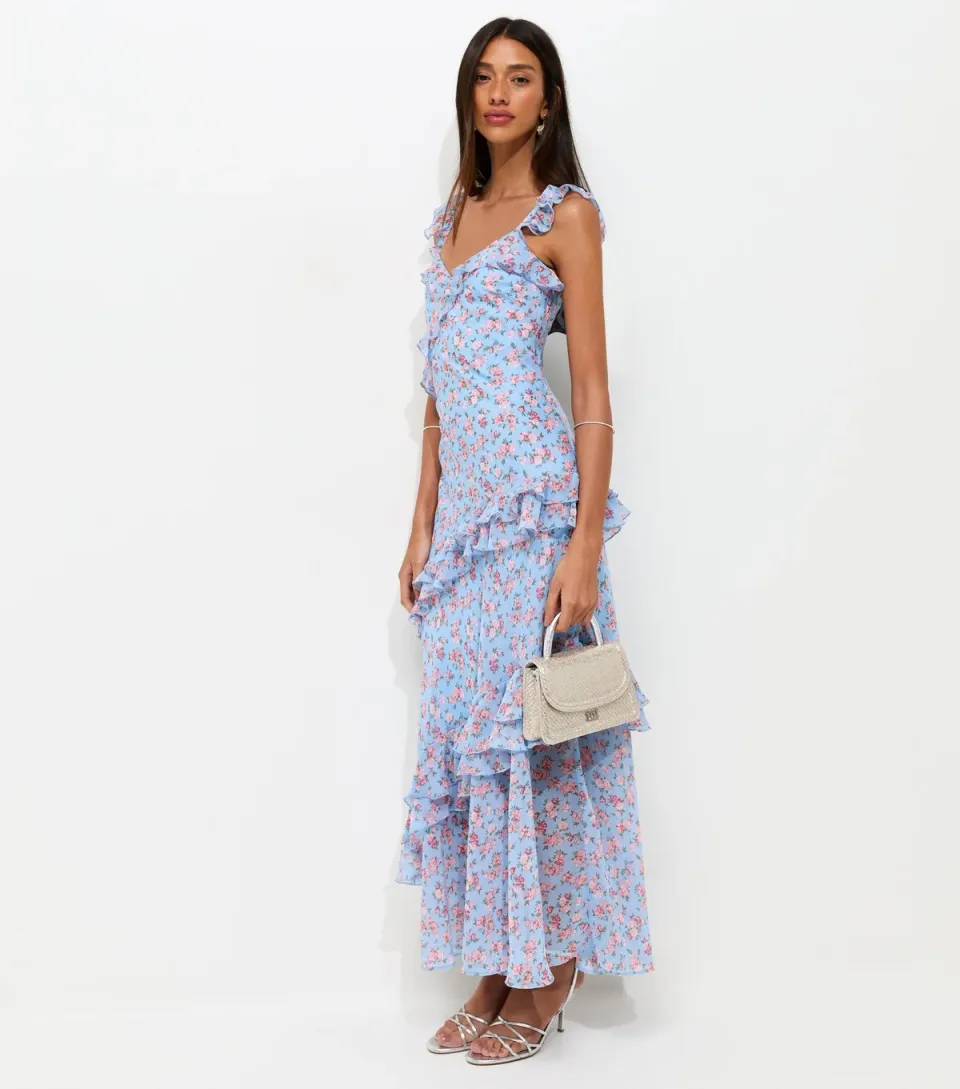 Women's Blue Vintage Rose Print Ruffle Trim Maxi Dress