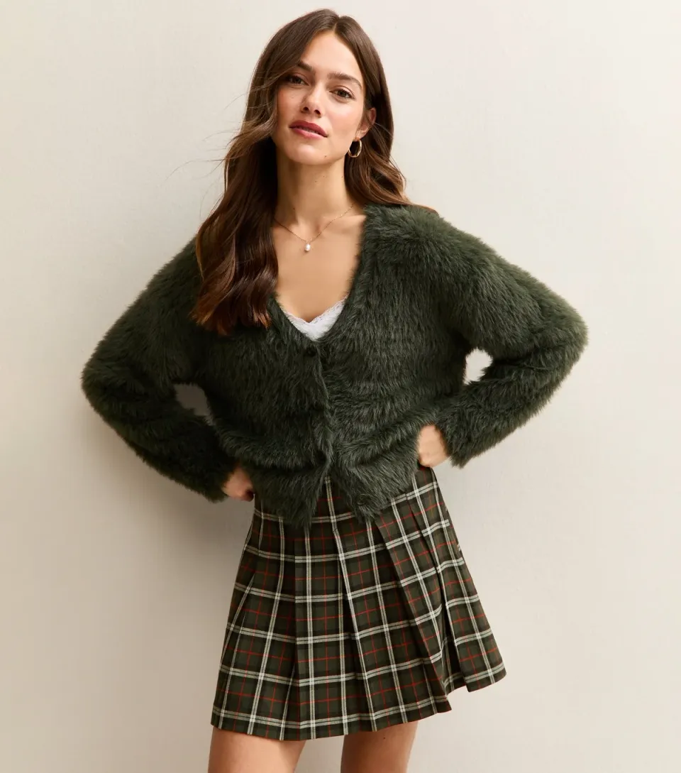 Women's Petite Green Check Pattern Knife Pleat Mini Skirt