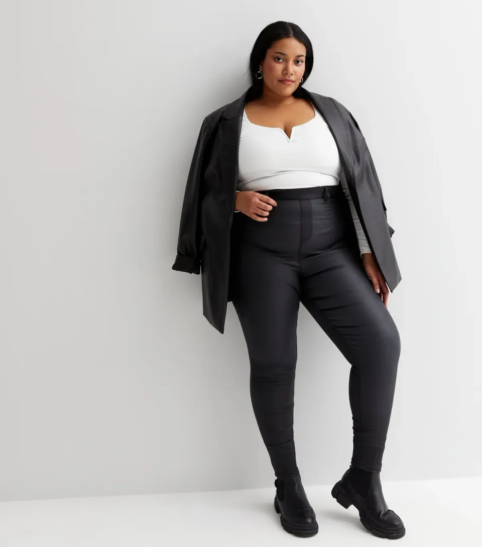 Women's Plus Size Black Coated Leather-Look High Waist Jeggings Curves