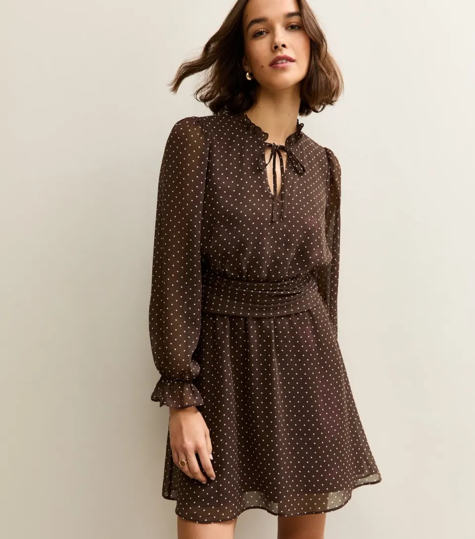 Women's Brown Chiffon Polka Dot Mini Dress
