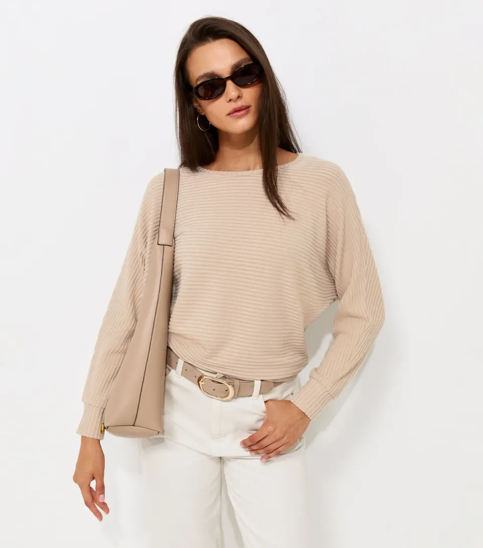 Women's Cream Soft Touch Ribbed Batwing Sleeve Top