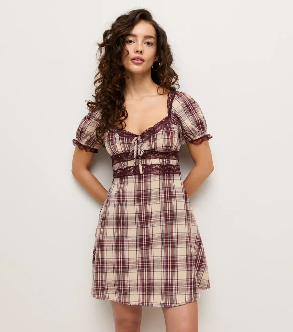 Women's Petite Brown Check Lace Milkmaid Mini Dress