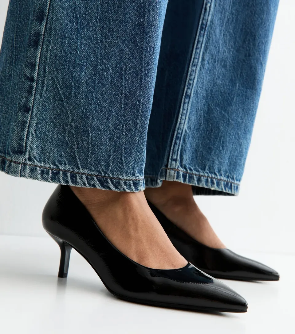 Women's Black Patent Faux Leather Kitten Heel Court Shoes Vegan