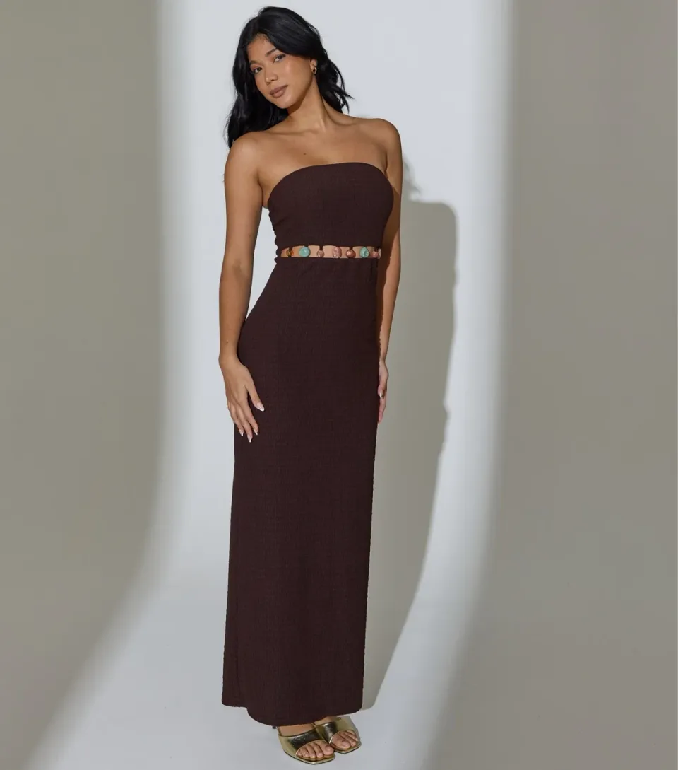 Women's Brown Textured Bead Trim Bandeau Maxi Dress