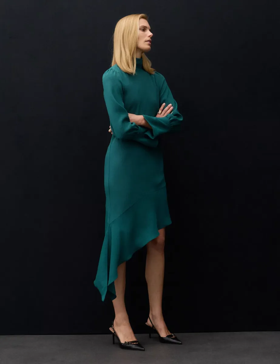 Satin Crepe Asymmetric Midi Waisted Dress Bottle Green