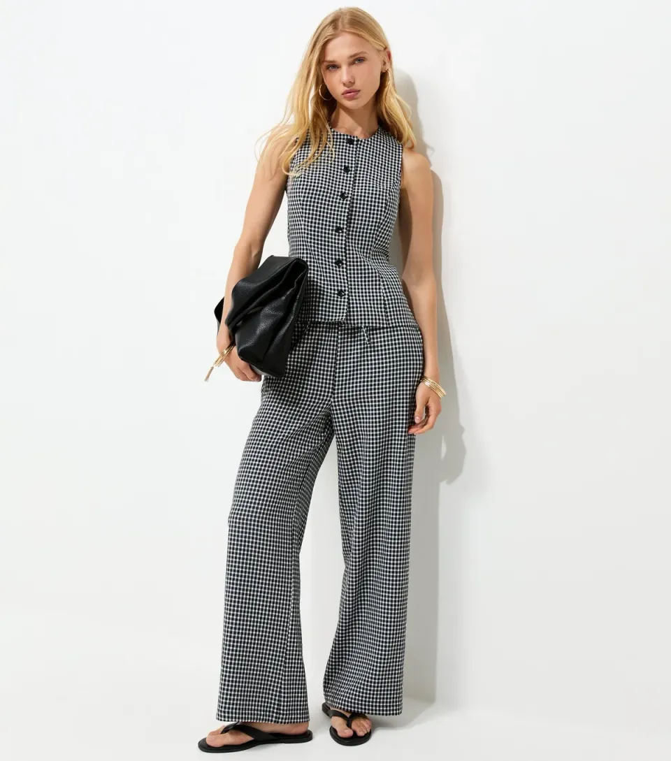 Women's Black Gingham Print Button Front Waistcoat