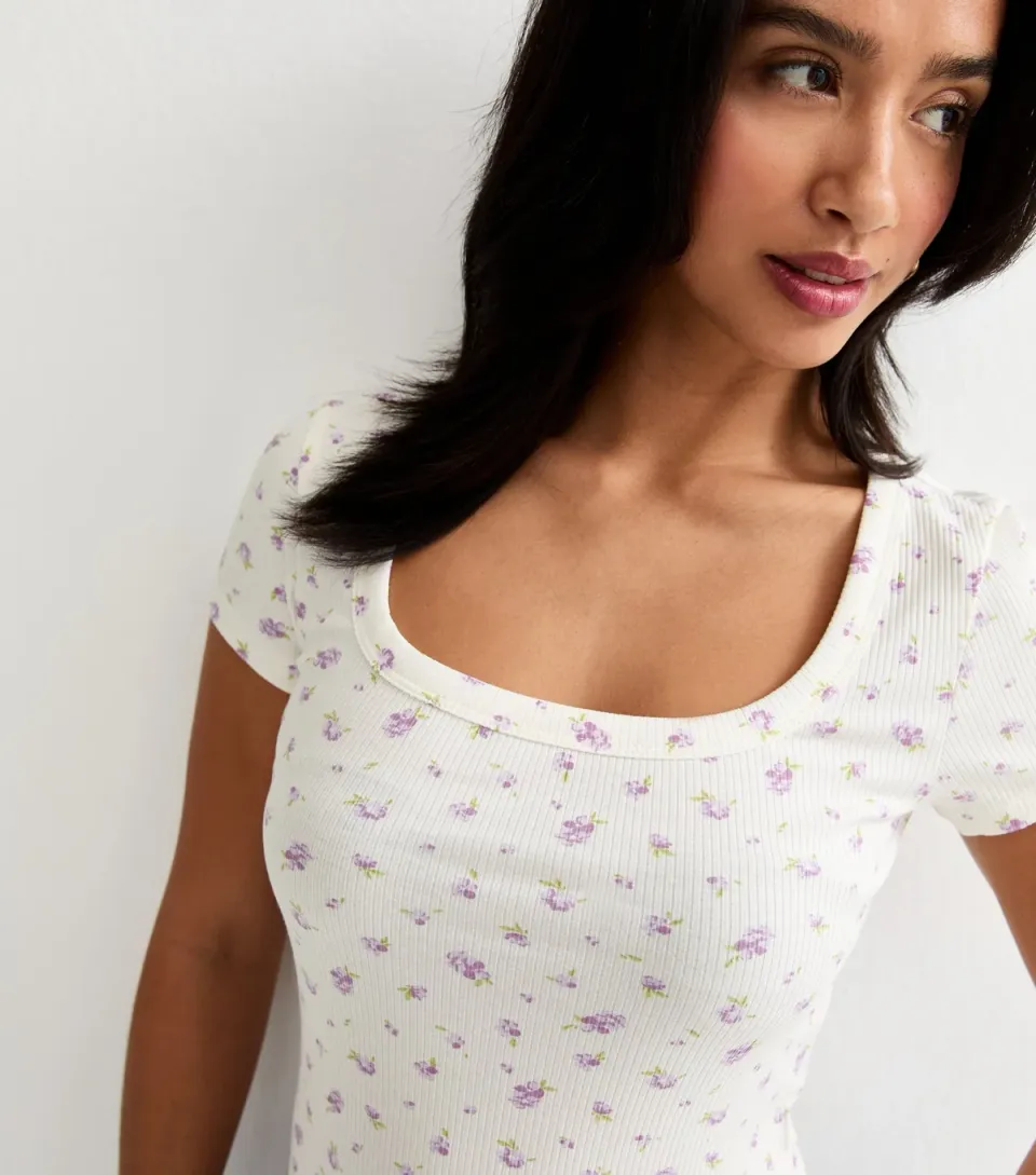 Women's Petite White Floral Square Neck Top