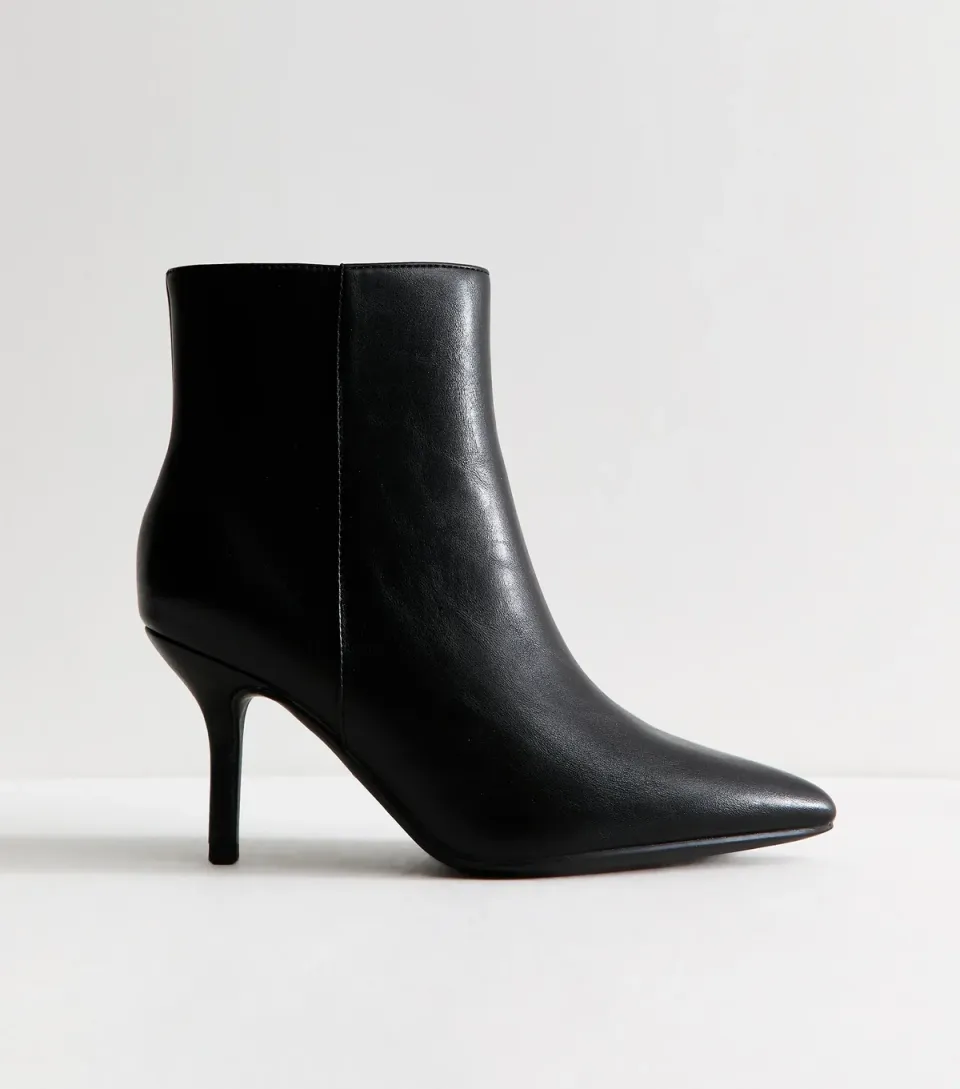 Women's Wide Fit Black Faux Leather Pointed Toe Stiletto Ankle Boots Vegan