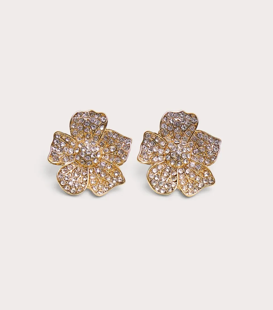 Gold Tone Diamante Floral Stud Earrings