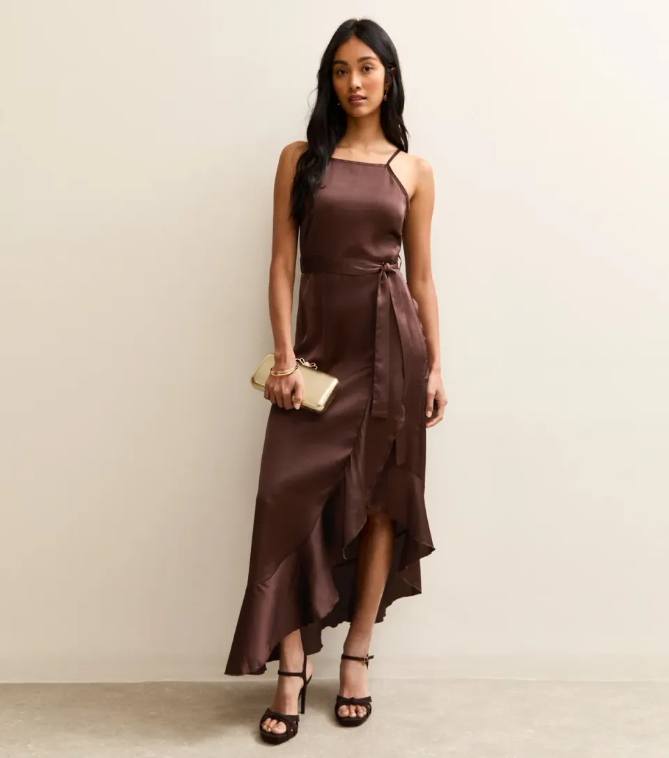 Women's Black Satin Ruffled Wrap Midi Dress