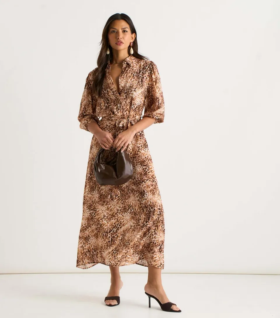 Women's Tan Animal Print Shirt Midi Dress