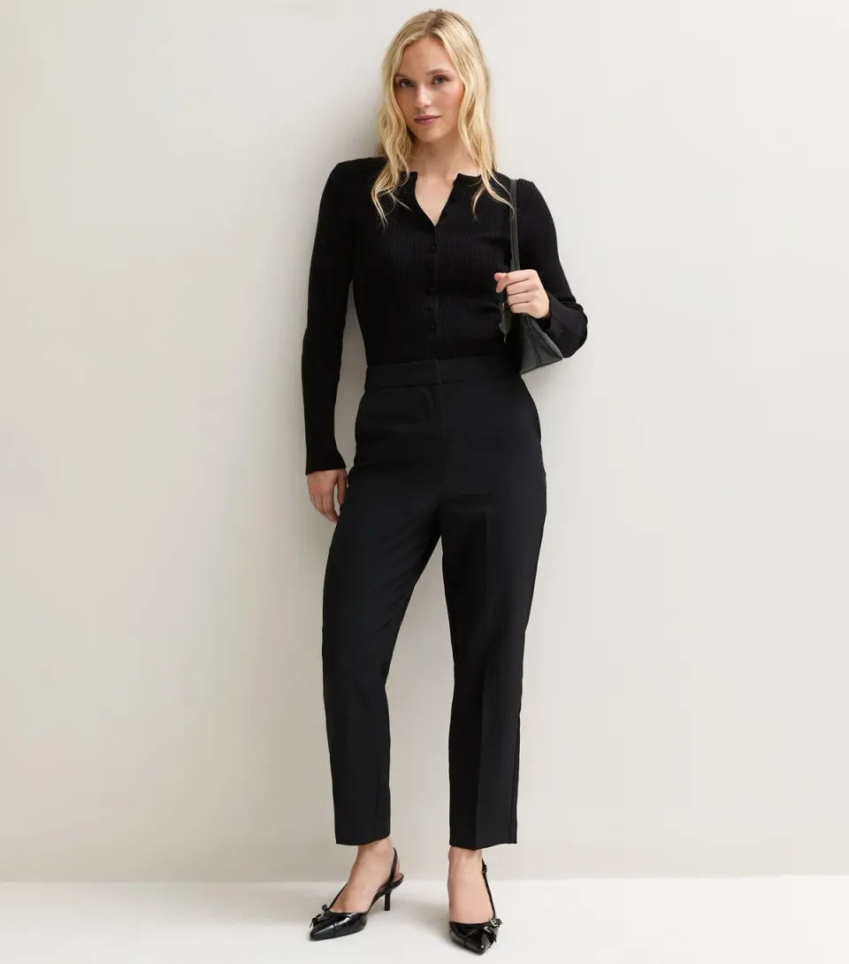 Women's Petite Black Mid Rise Tailored Trousers