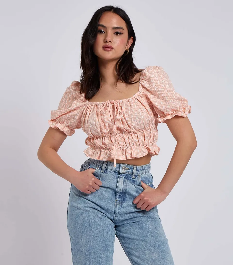 Women's Pink Gingham Floral Print Top