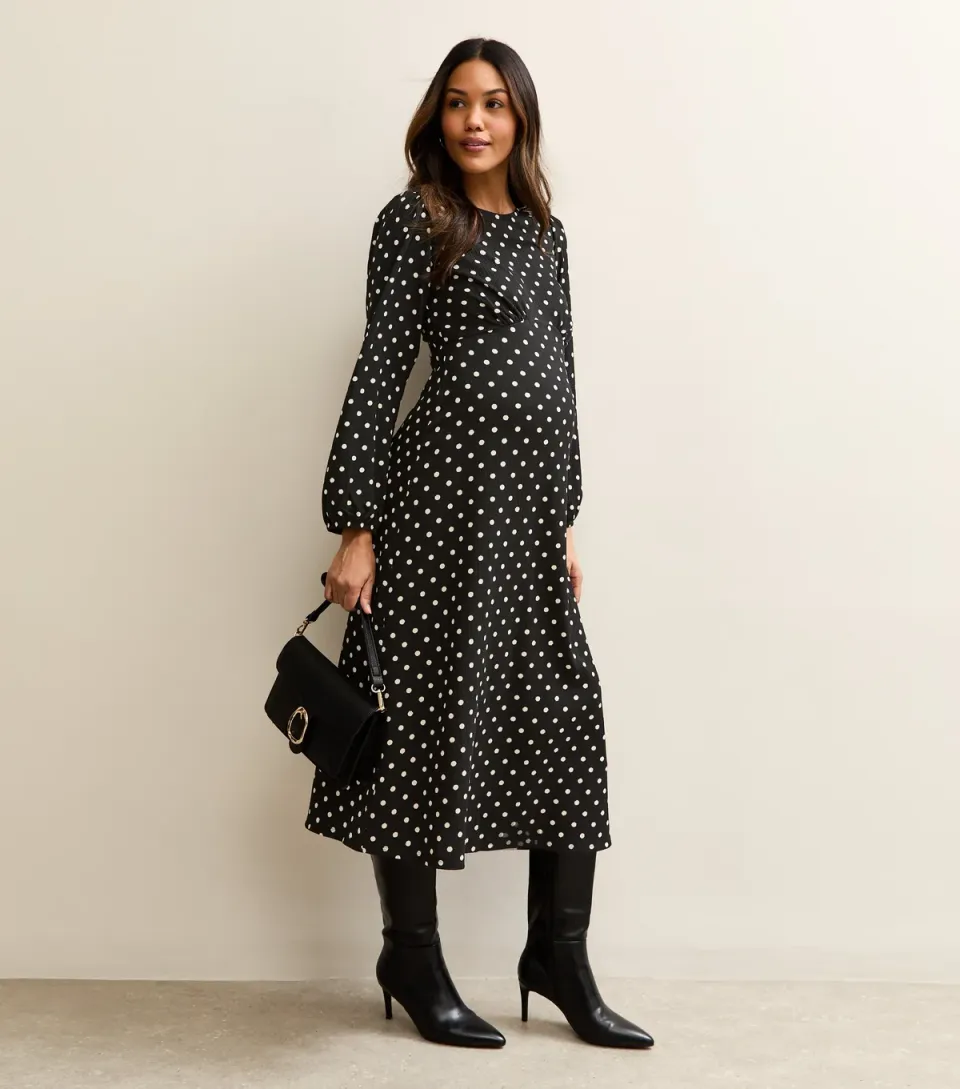 Women's Maternity Black Polka Dot Long Sleeve Midi Dress