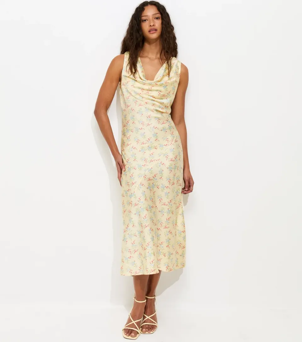 Women's Yellow Satin Floral Cowl Neck Midi Dress
