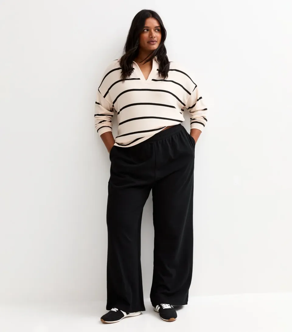 Women's Plus Size Black Jersey Wide Leg Joggers Curves