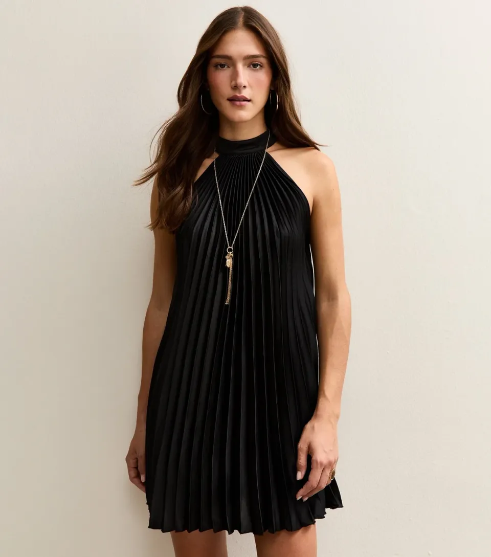 Women's Dark Burgundy Pleated Halterneck Mini Dress