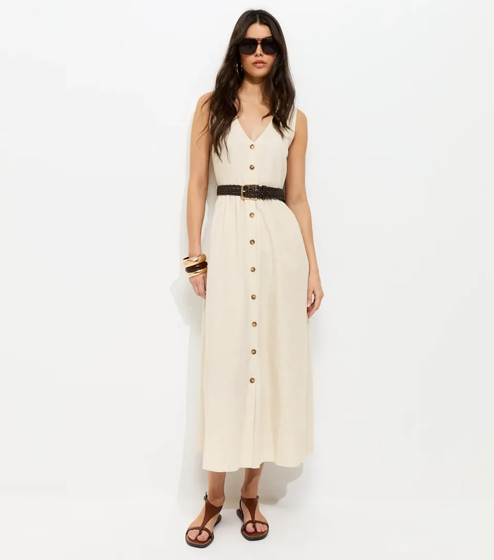 Women's Stone Sleeveless Button Through Midi Dress