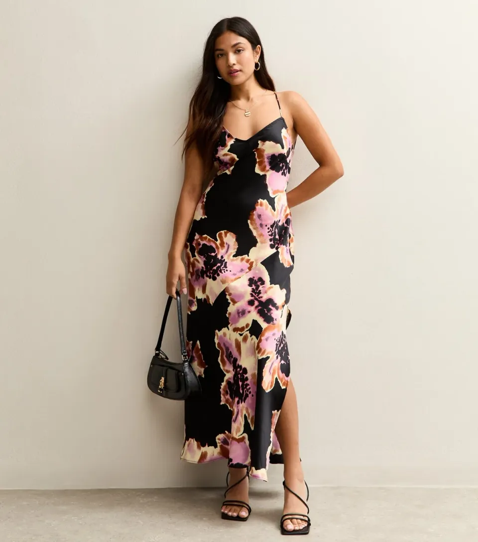 Women's Petite Black Satin Floral Print Low Back Maxi Dress