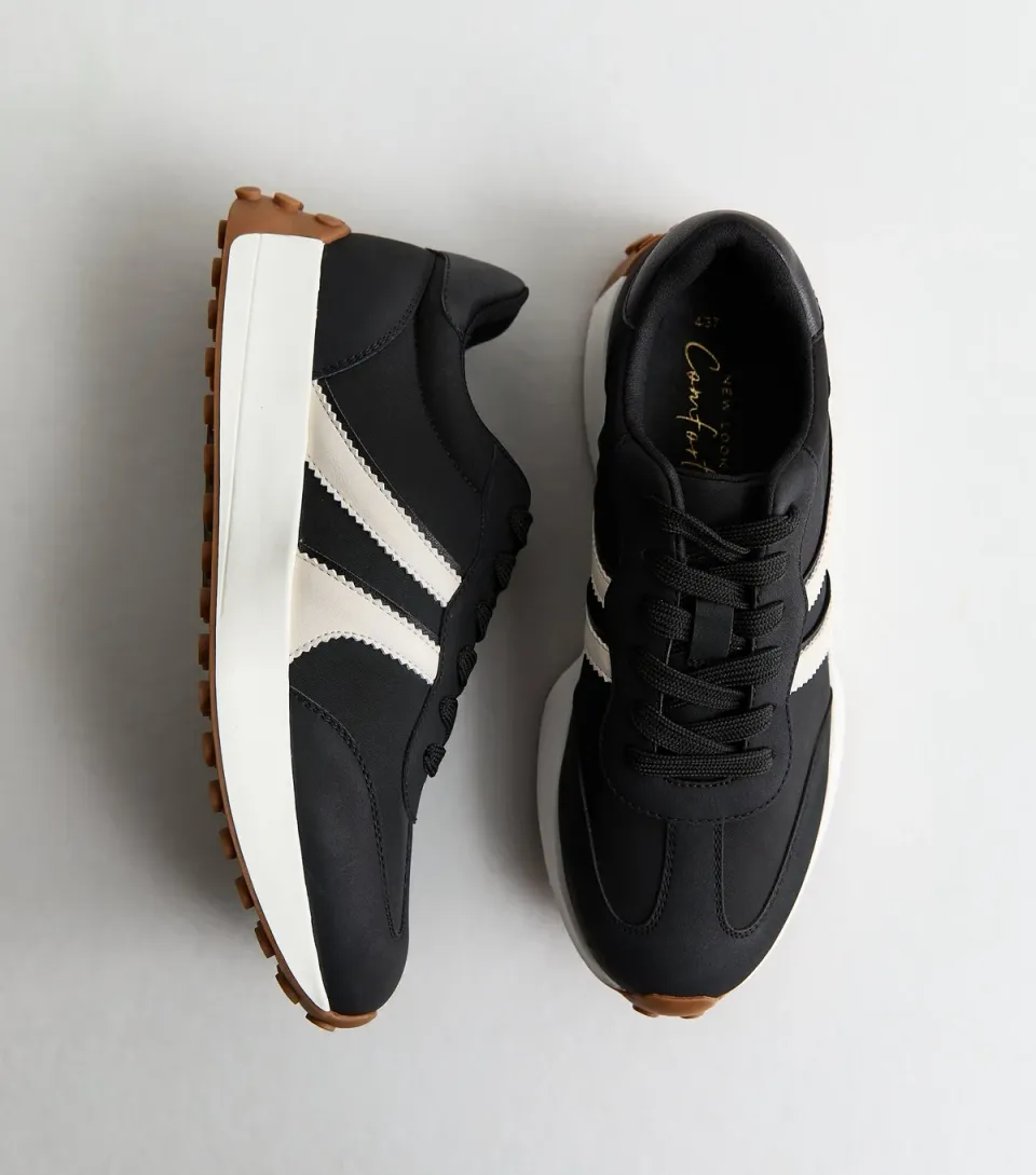 Women's Black Faux Suede Side Stripe Sporty Trainers Vegan