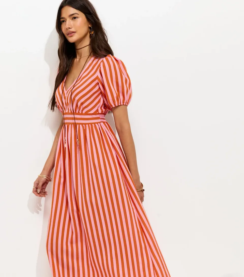 Women's Pink Striped V-Neck Midi Dress