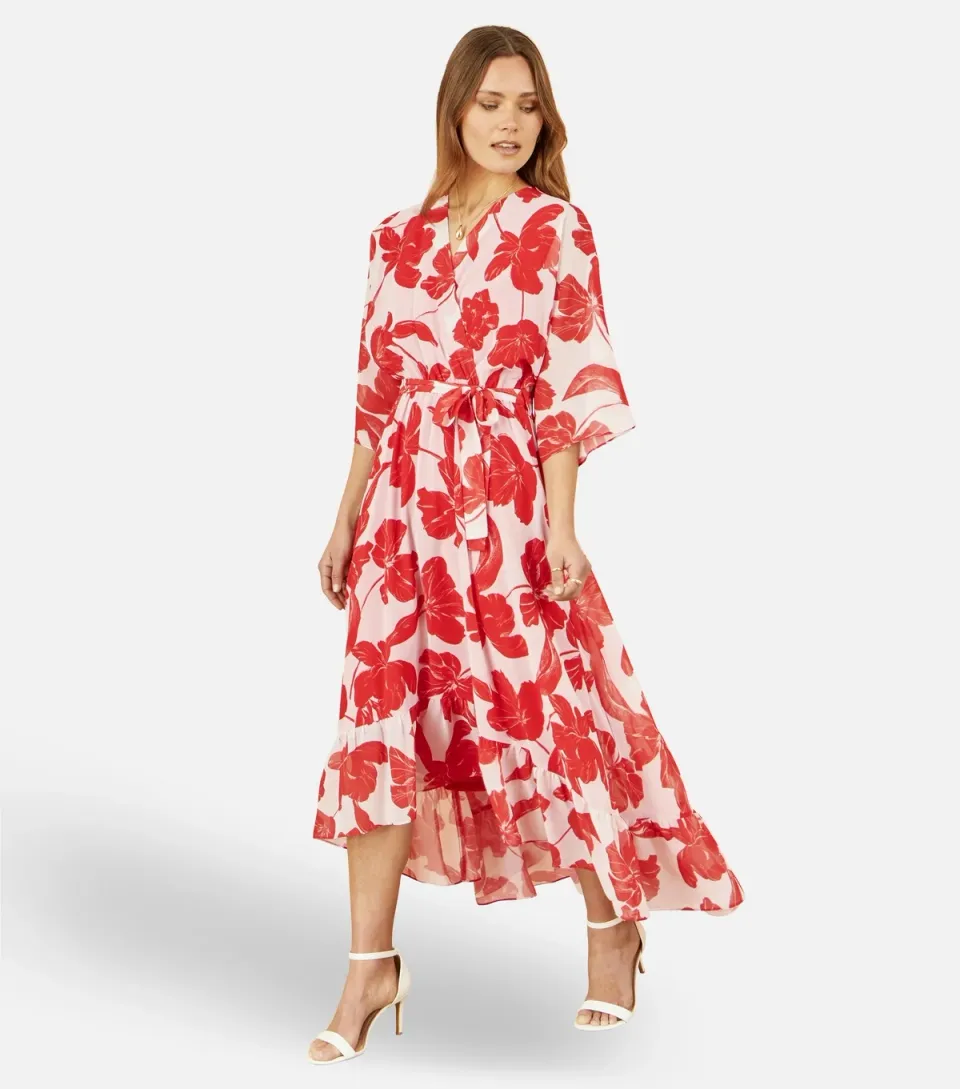 Women's Red Floral Print Wrap Style Midi Dress