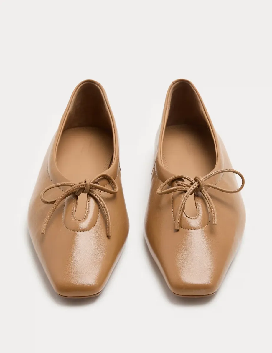 Leather Slip On Flat Pumps Camel