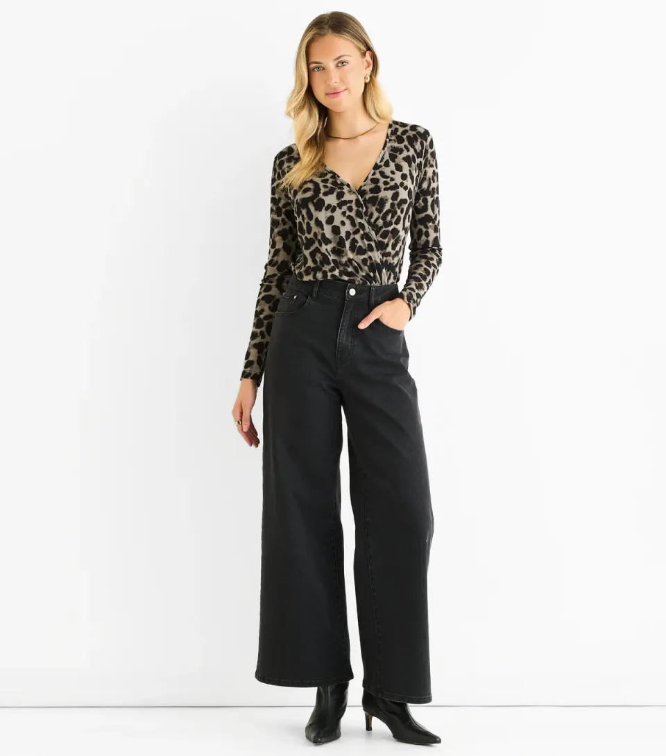 Women's Mid Grey Leopard Print Wrap Bodysuit