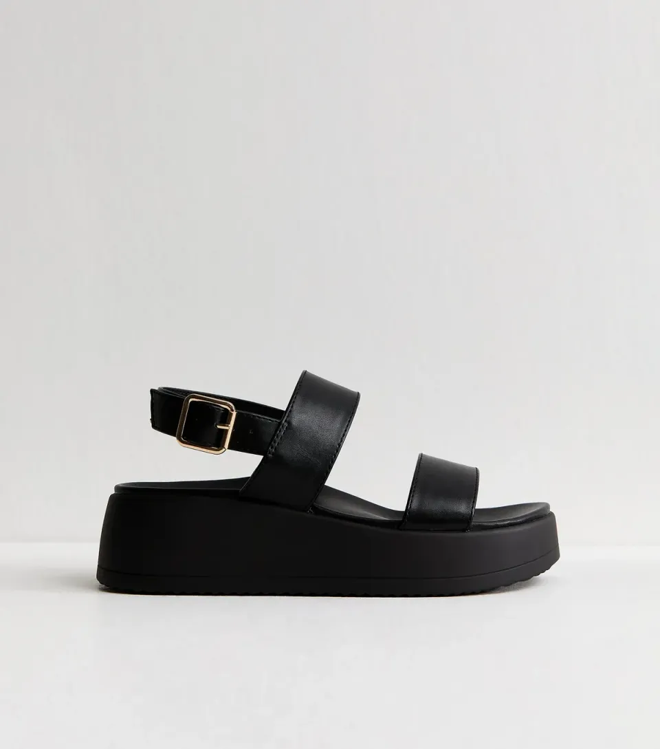 Women's Wide Fit Black Faux Leather Flatform Sandals Vegan