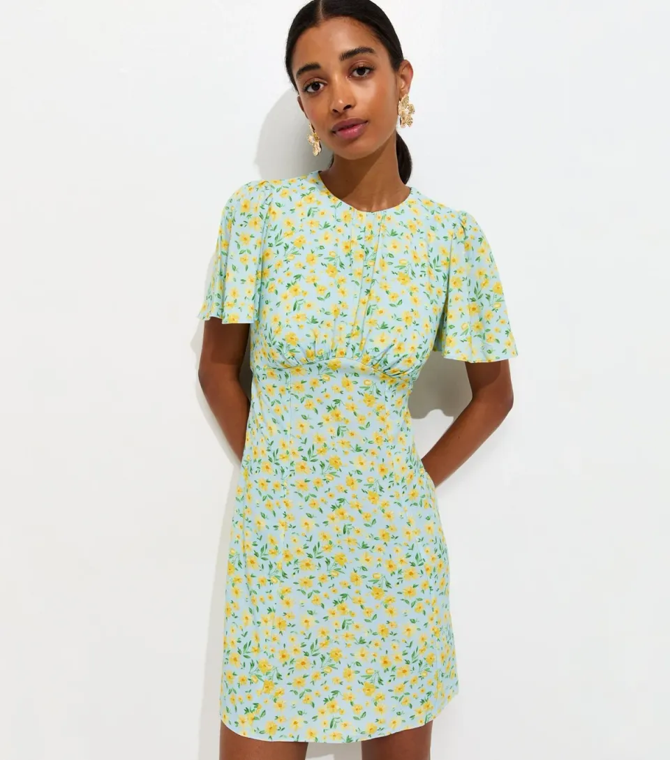 Women's Blue Floral Flutter Sleeve Mini Dress