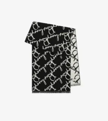 Belt Logo Wool Scarf in Black/ecru beige