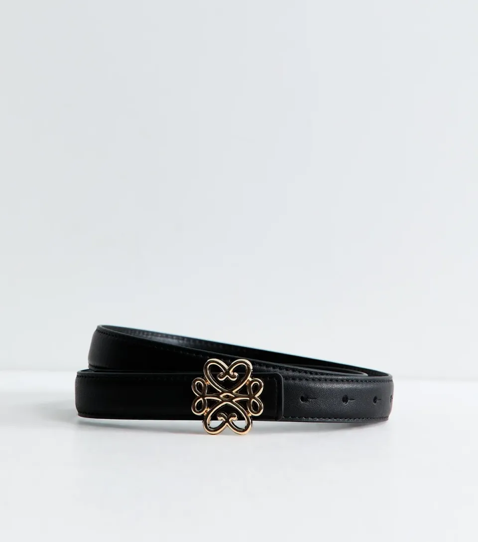 Black Faux Leather Square Heart Buckle Belt