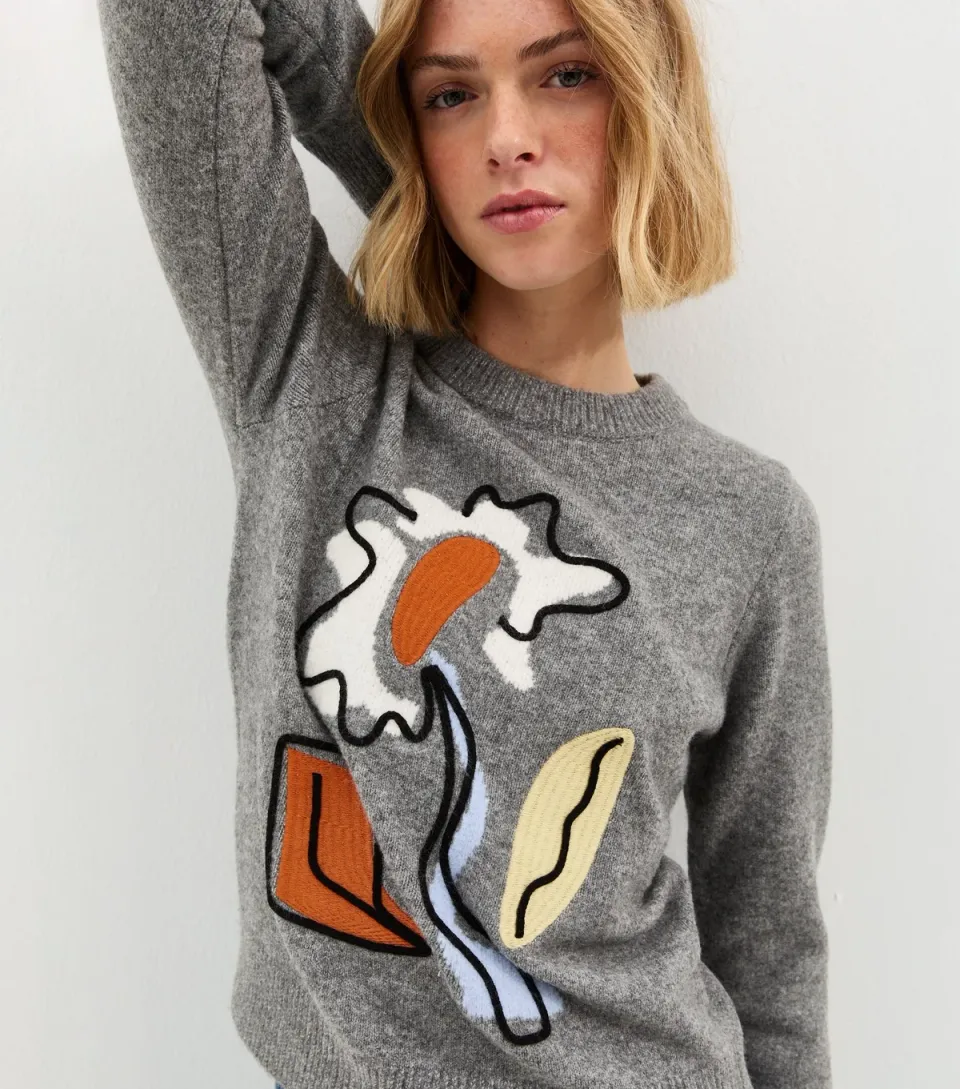 Women's Mid Grey Abstract Design Midweight Knit Jumper