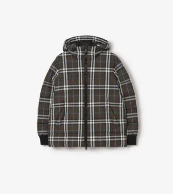 Check Hooded Puffer Jacket in Snug brown