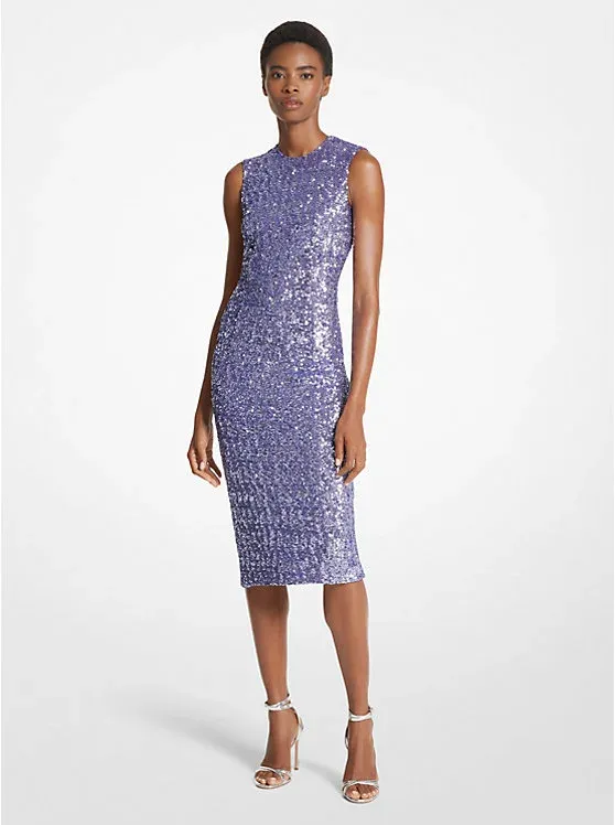 Sequined Stretch Tulle Sheath Dress