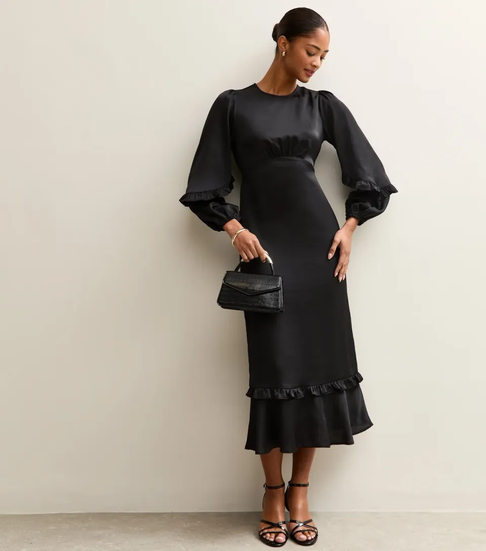 Women's Black Satin Frill Trim Midi Dress