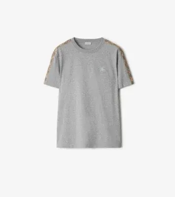 Check Trim Cotton T-shirt in Pale grey melange
