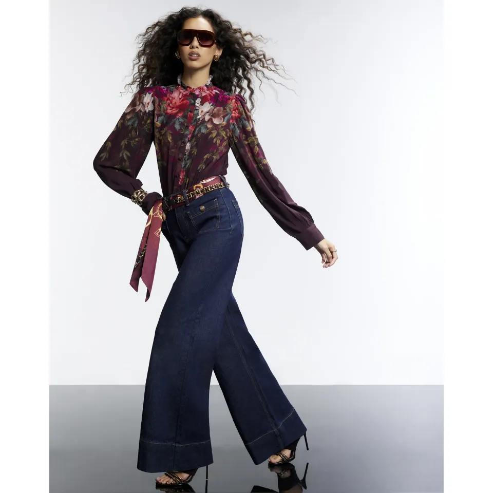 Burgundy Floral Frill Collar Blouse