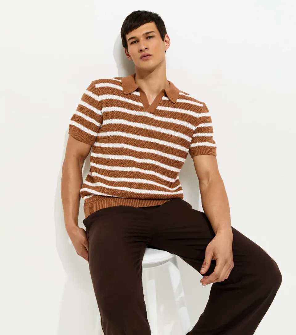 Men's Brown Stripe Tuck Stitch Regular Polo Top