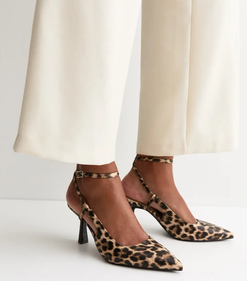 Women's Brown Leopard Print Ankle Strap Court Shoes Vegan