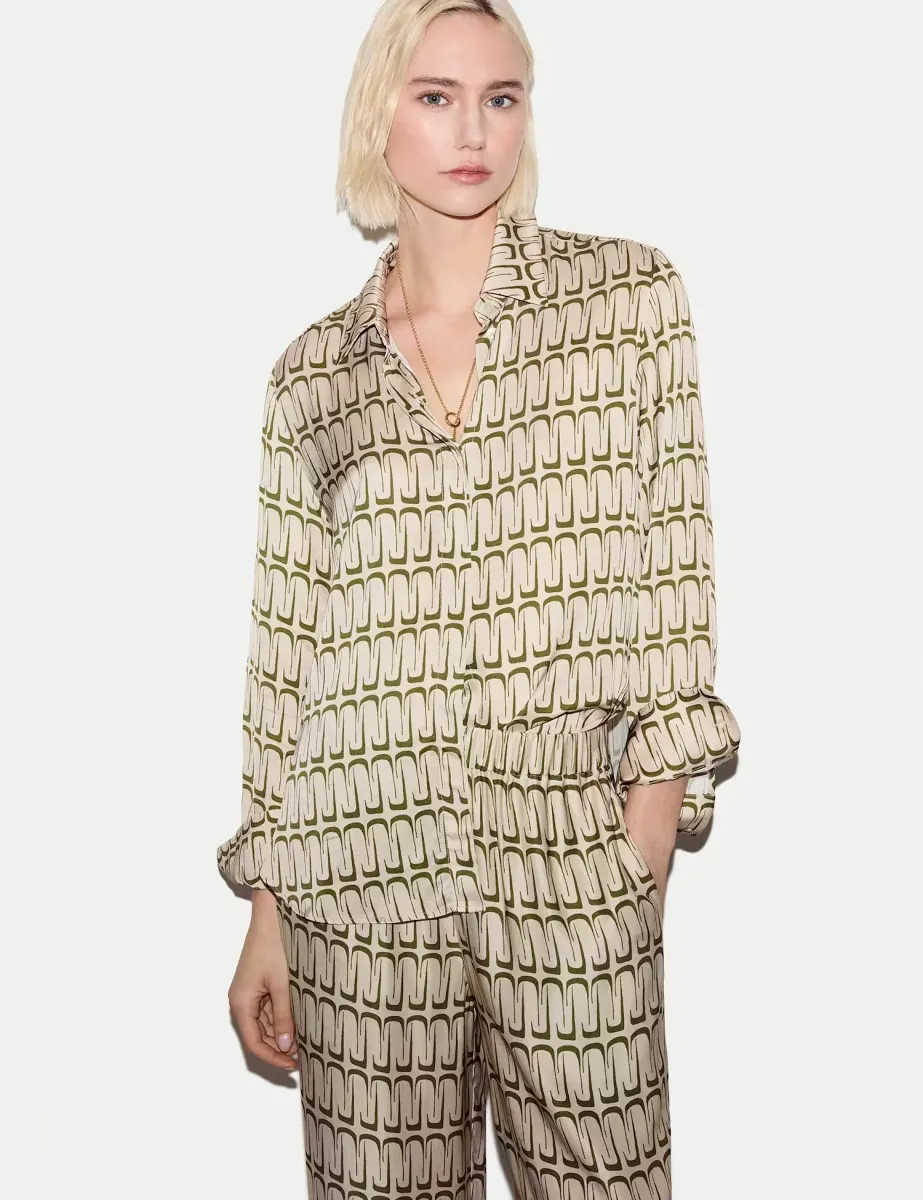 Satin Geometric Relaxed Shirt Cream Mix