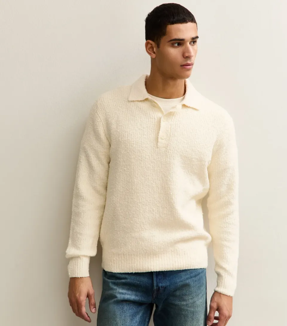 Men's Cream Regular Fluffy Knit Polo Shirt