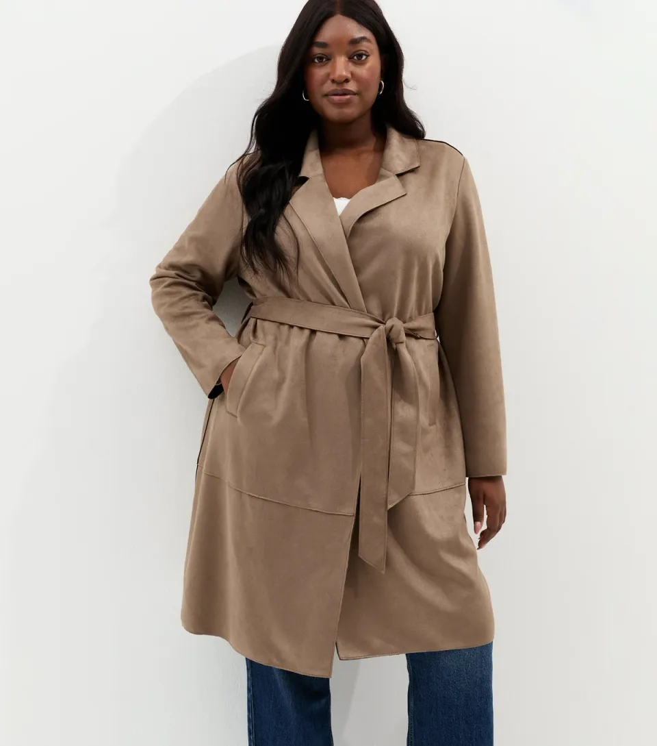Women's Plus Size Tan Faux Suede Wrap Coat Curves