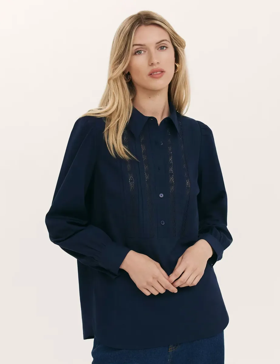 Lace Detail Cotton Shirt Navy