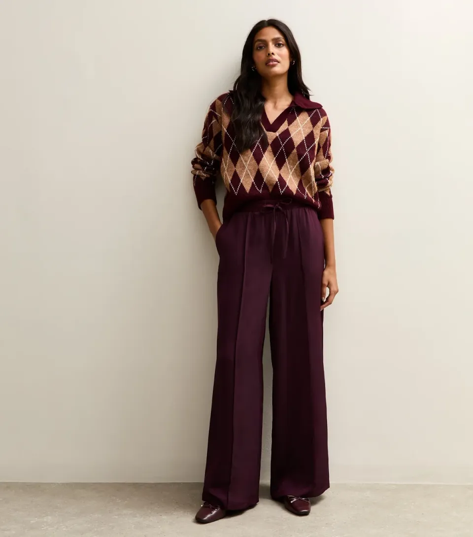 Women's Burgundy Satin Drawstring Waist Wide Leg Trousers