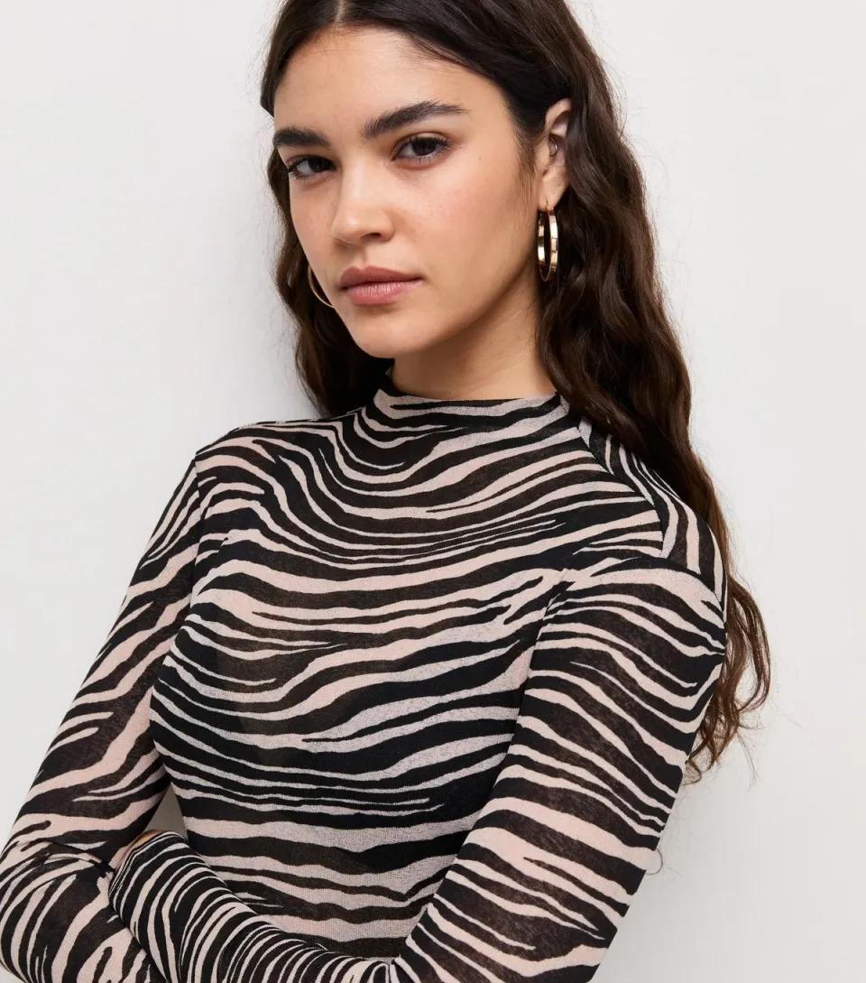 Women's Brown Zebra Print High Neck Long Sleeve Top