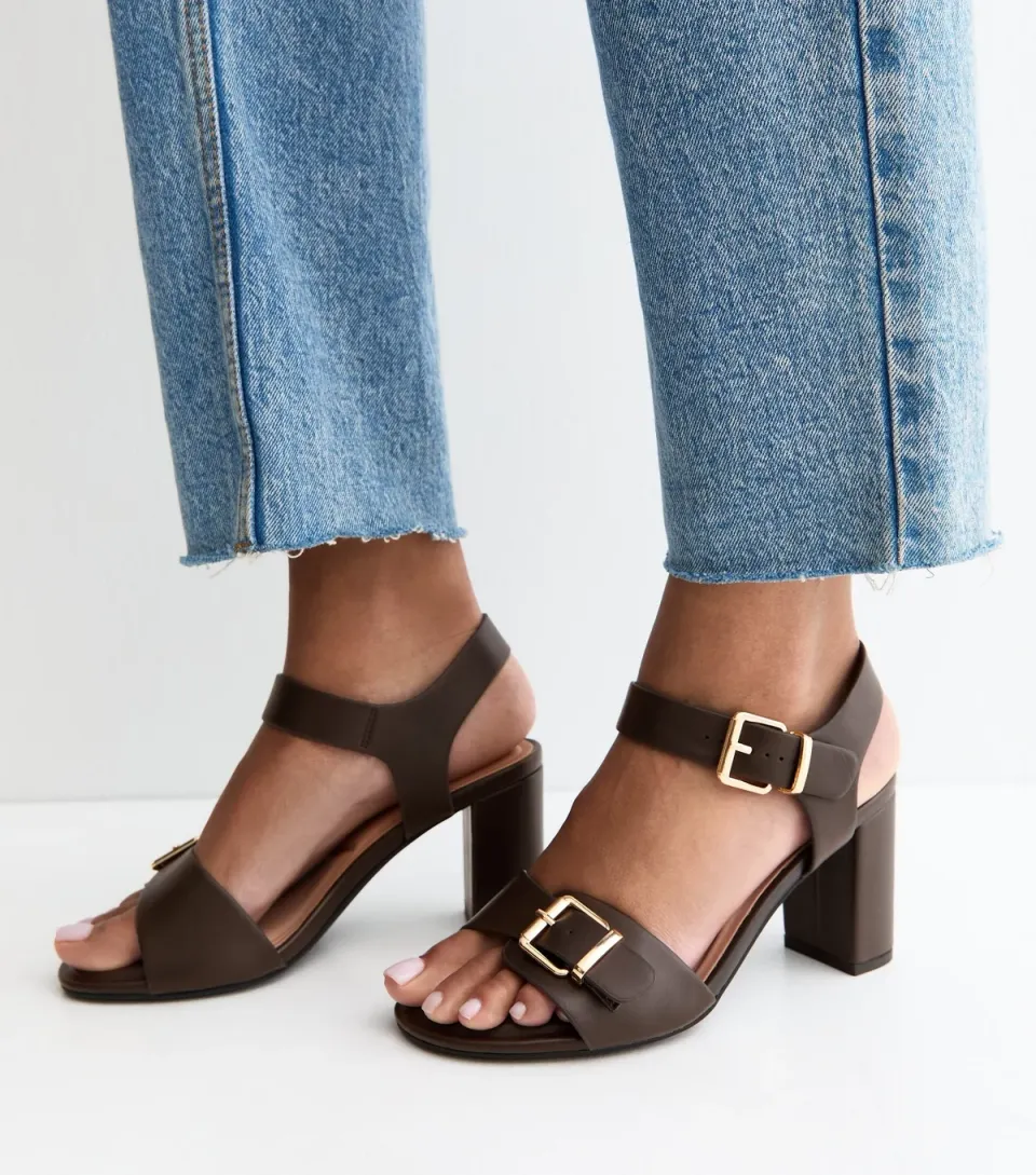 Women's Wide Fit Dark Brown Double Buckle Block Heel Sandals Vegan