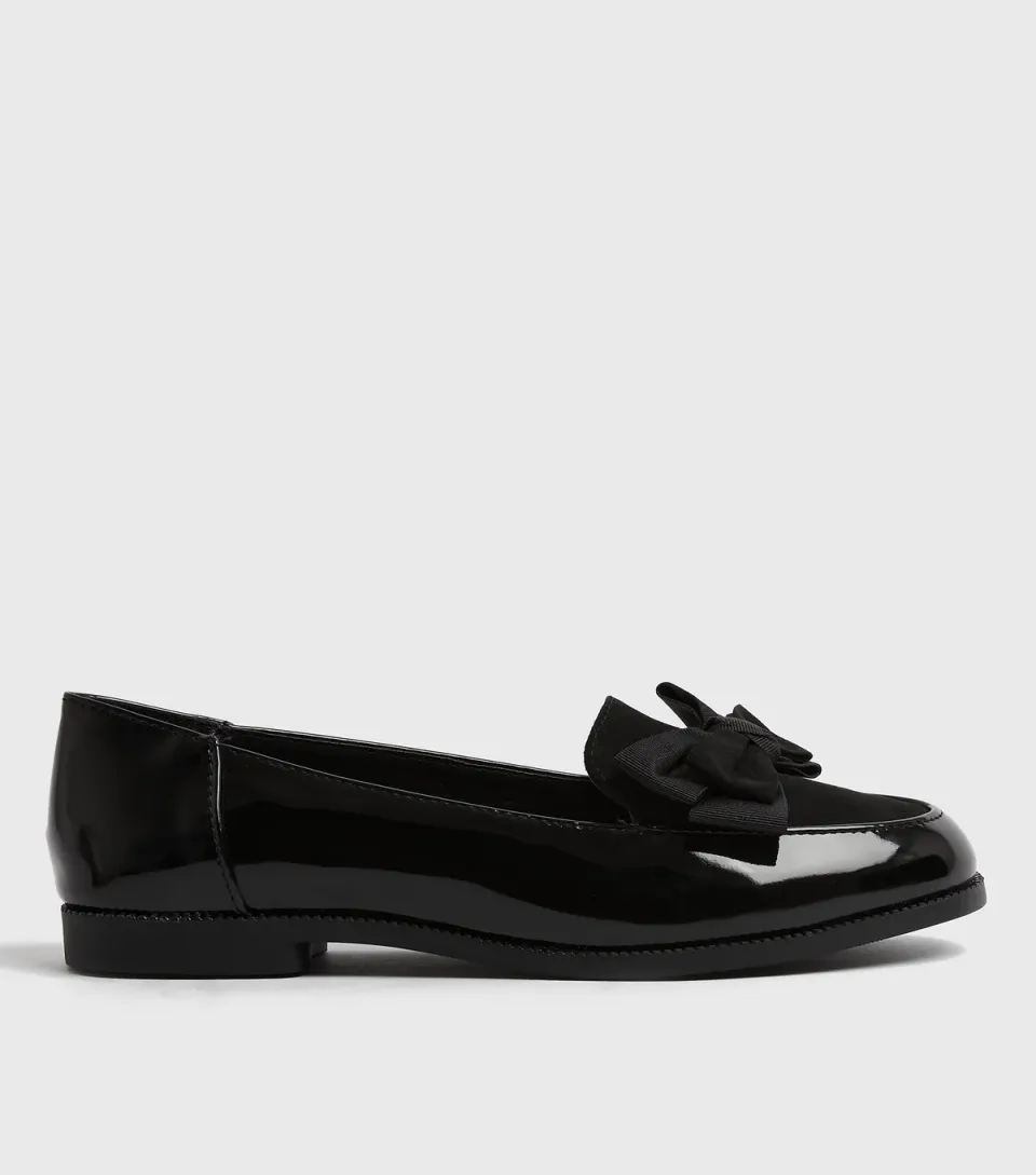 Women's Black Patent Bow Front Loafers Vegan