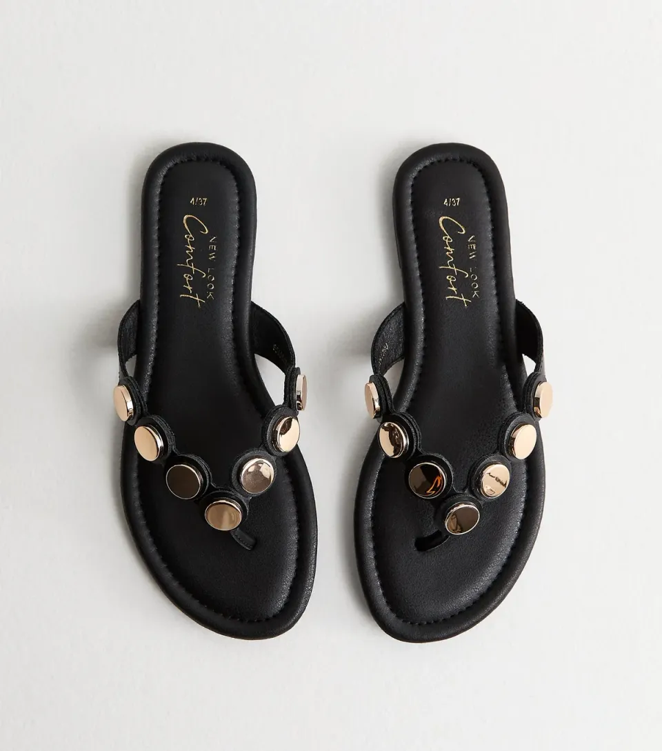Women's Black Scalloped Strap Coin Trim Sandals